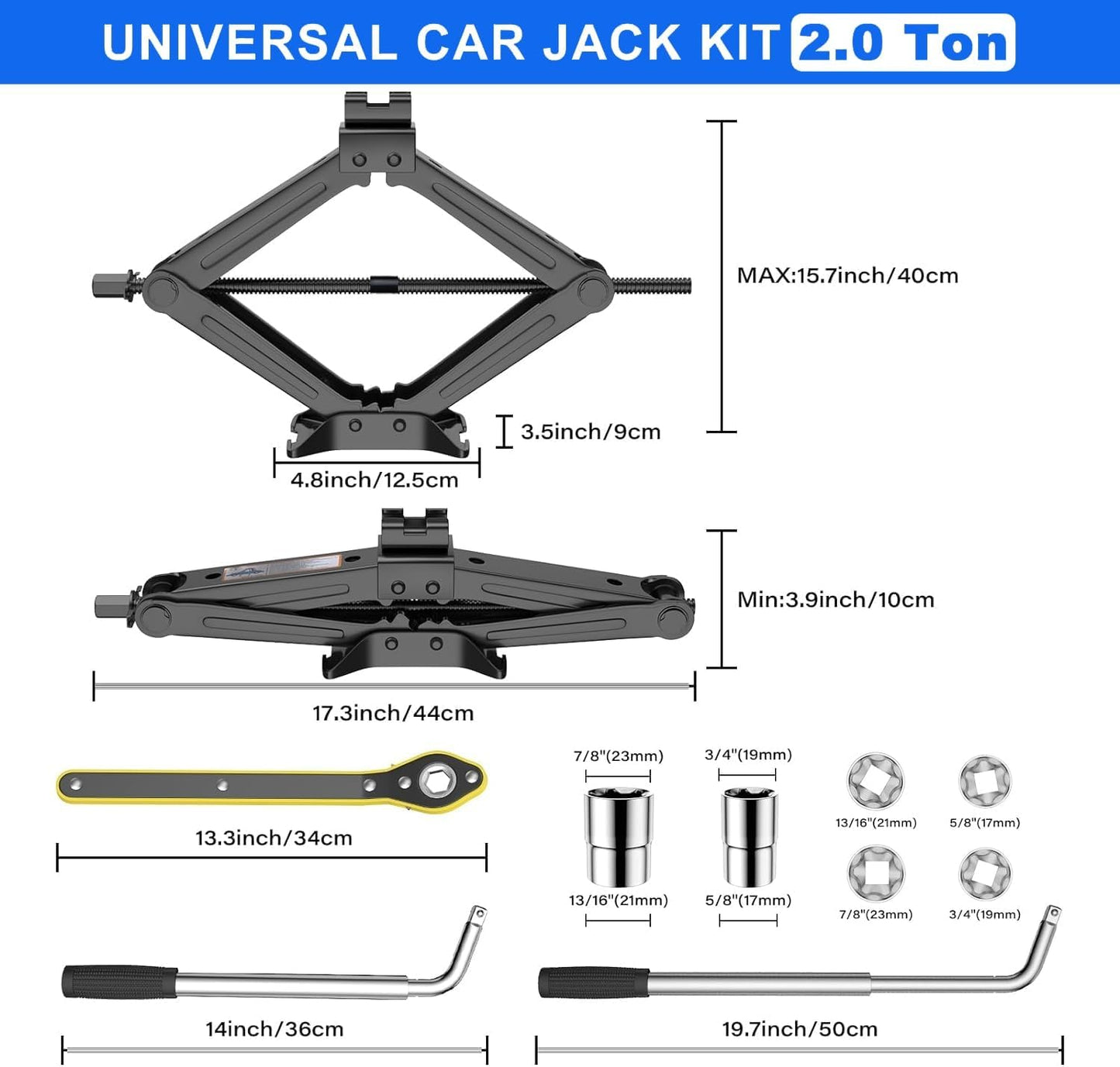 Scissor Jack - 2 Ton (4409 lbs) Car Emergency Kit with Lug Wrench, Tire Changing Kit for Sedan, Coupe, SUV, MPV