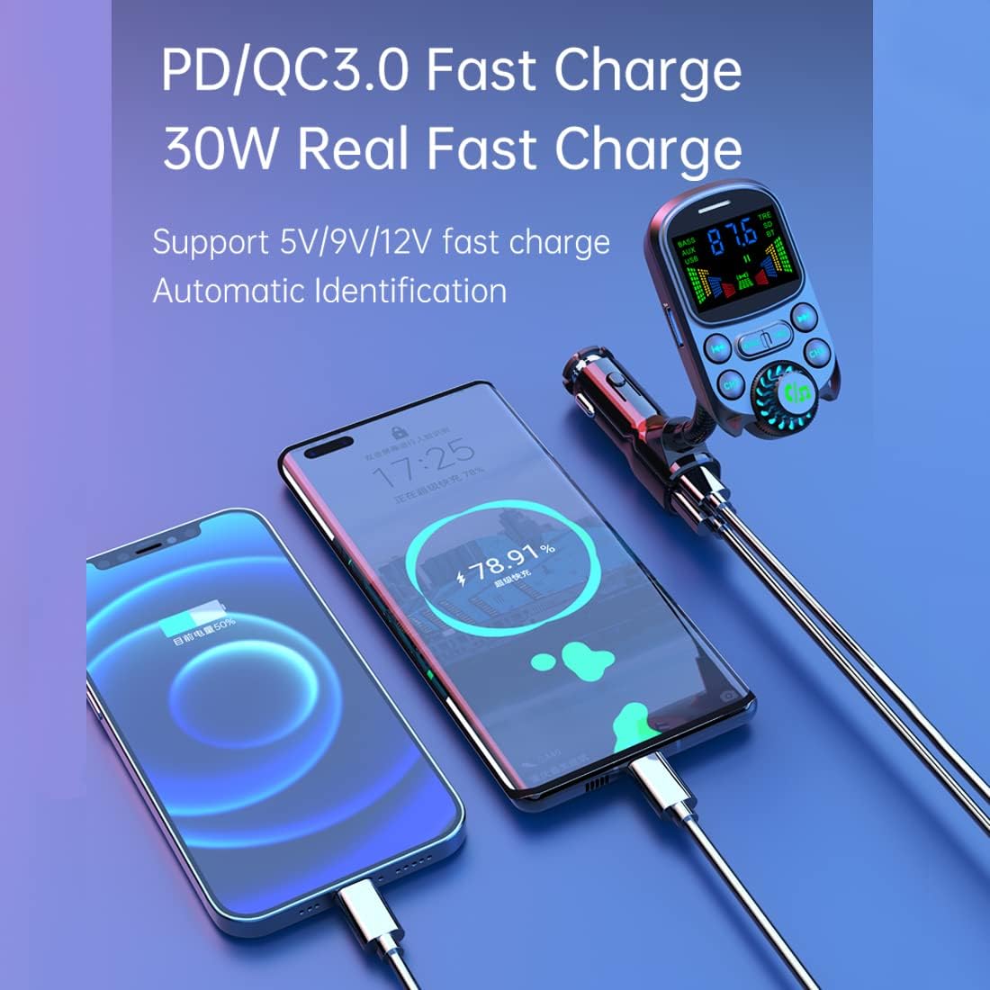 Colorful HD Lossless Sound Quality EQ Sound Adjustment Hands-Free Calling QC3.0 PS3.0 Fast Charge 1.5" Color Large Screen FM Microphone Bluetooth 5.3 Car Adapter