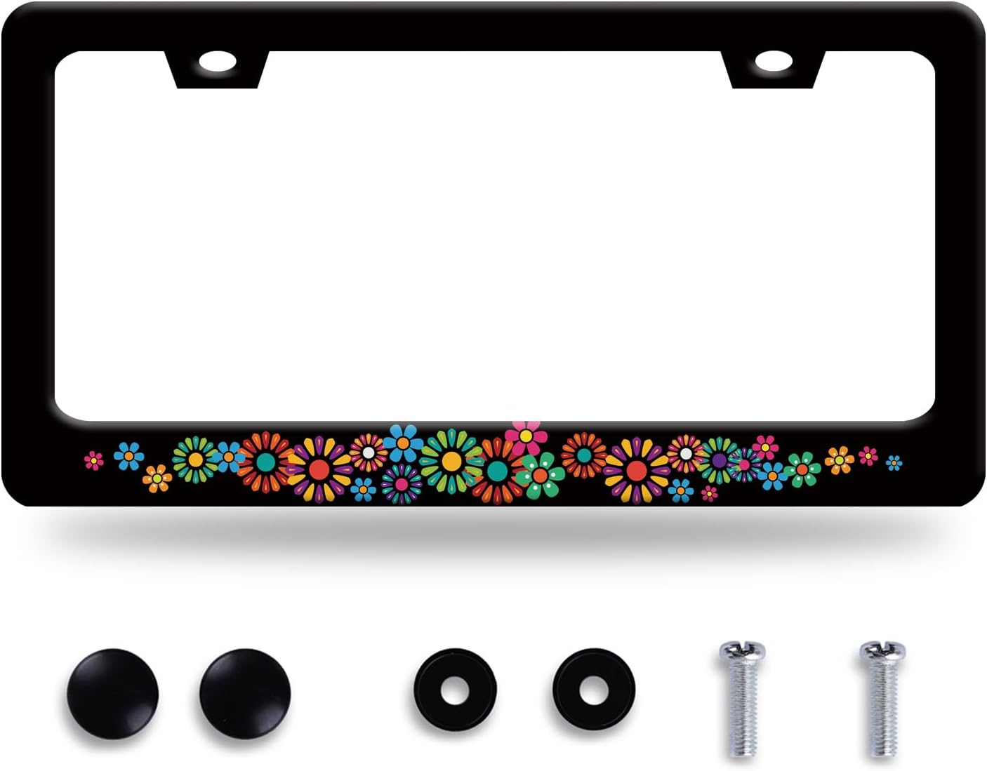 Colorful Hippie Flowers License Plate Frame Beautiful Floral License Plate Frames Stainless Steel Accessories Cars Decor with 2 Holes and Screws Fits Standard US CA Vehicles Size 12.2 x 6 Inches