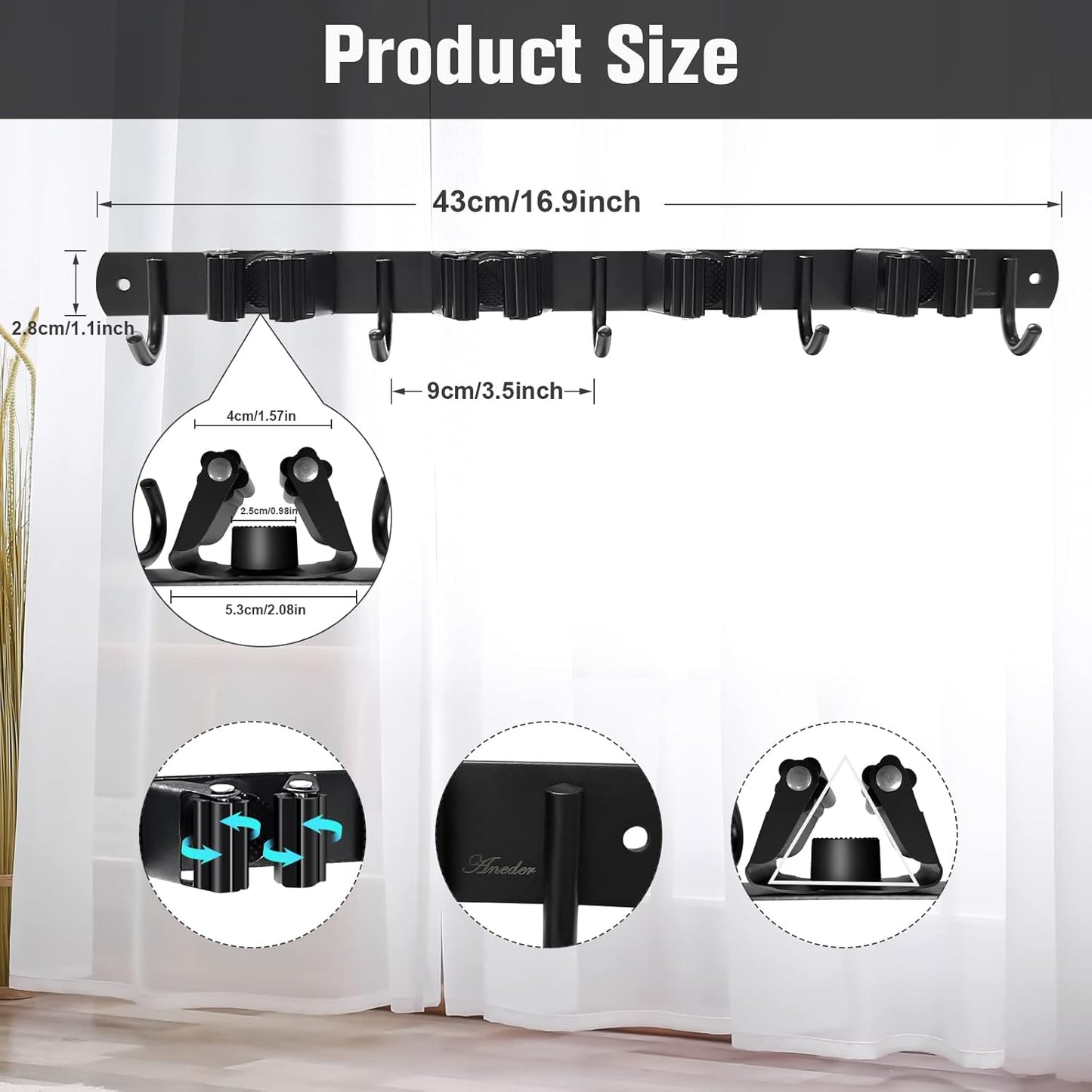 Mop and Broom Holder Wall Mount 4 Racks and 5 Hooks Broom Organizer Storage Tool Racks Stainless Steel Heavy Duty Hooks for Home Kitchen Garden Laundry Garage