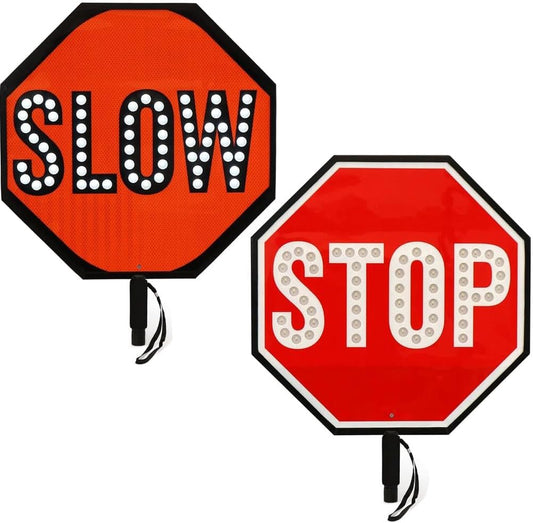 18" LED Stop/Slow Paddle, Reflective Hand Held Stop Sign with Handle, Steady/Flashing Light Modes