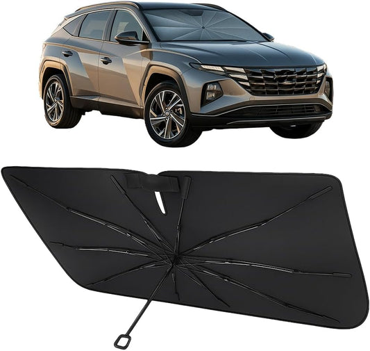 Proadsy Windshield Sun Shade Umbrella for Hyundai Tucson 2022-2025 2026 Foldable Car Umbrella Sunshade with Soft TPU Handle Spring Structure Crystal Cooling Material Protect Car from Rays & Heat