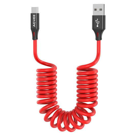 AGVEE 2 Pack 3ft Coiled Short USB to USB-C Charging Cable [USB-IF Certified] 3A Fast Charger Cord in Car for iPhone 16/15 CarPlay, Galaxy S25 S24 S23 S22 S21 S10 S9 S8, Google Pixel, Red
