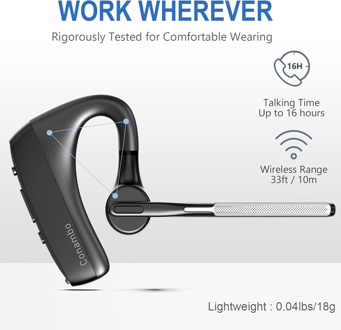 CONAMBO Bluetooth Headset V5.1, 16 Hrs HD Talktime CVC8.0 Dual Mic Noise Cancelling Hands Free Bluetooth Earpiece for Cell Phone iPhone Android Driving Business Office
