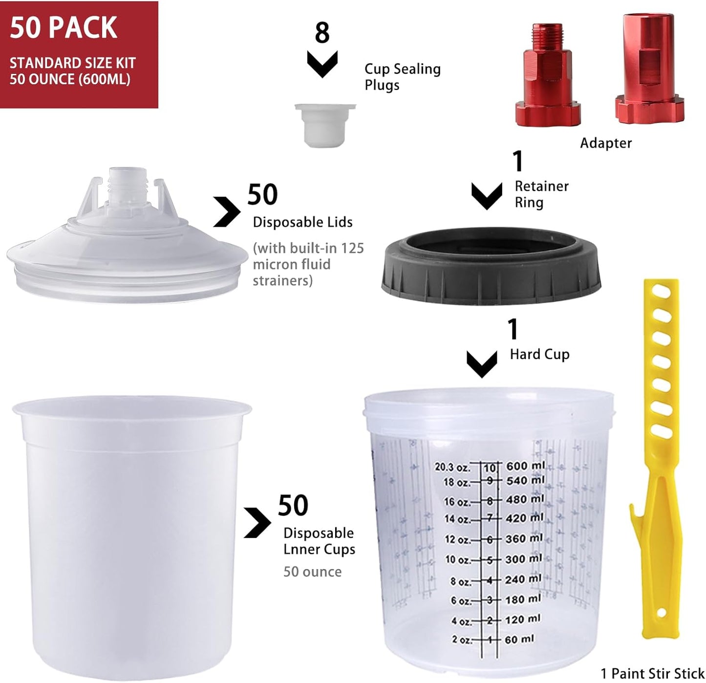 Disposable Paint Mixing Cup 20 Ounce (600ml) Kit,HVLP Paint Sprayer Gun Mixing Cups with 50 Cups and Lids System, 10 Plugs and 1 Hard Cup with Retainer Ring, 2 Cup Adapter,Paint Stirrer (50)