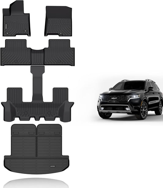 KELCSEECS Floor Mats & Cargo Liner with Backrest Mat(Best Put The Third Row Down) for 2021 2022 2023 2024 2025 Kia Sorento Hybrid/2022-2025 Kia Sorento Plug-in Hybrid All Weather Car Mats Trunk Mat