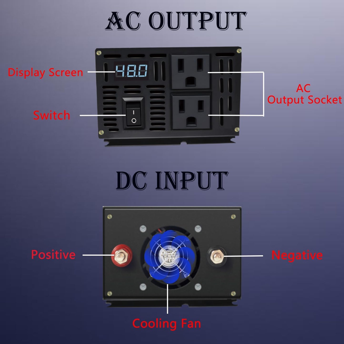 800W Pure Sine Wave Inverter-12V DC to 110V 120V AC Power Converter with 2 AC Outlets, 12 Volt Power Inverter for Truck, Rv, Camping, Home, Emergency Power
