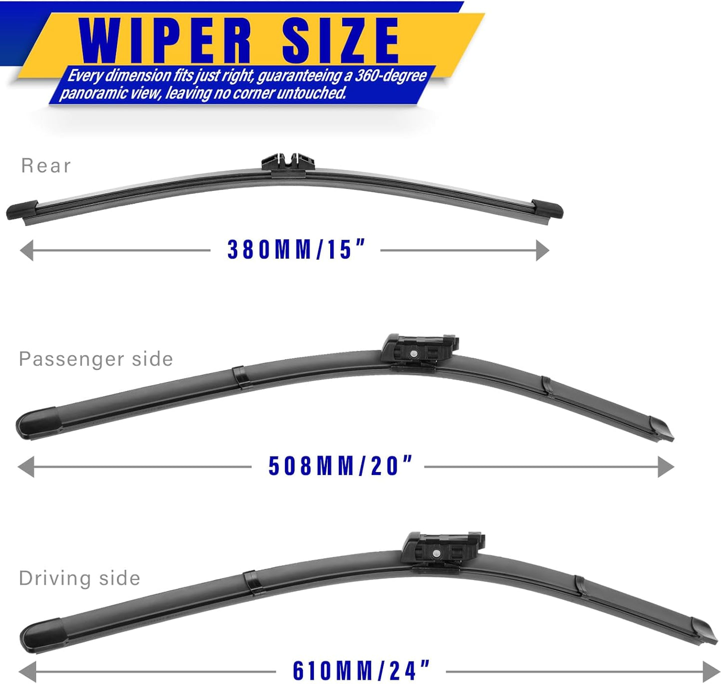 3 wipers Replacement for 2016-2022 Volvo XC90, Windshield Wiper Blades Original Equipment Replacement - 24"/20"/15" (Set of 3) Top Lock