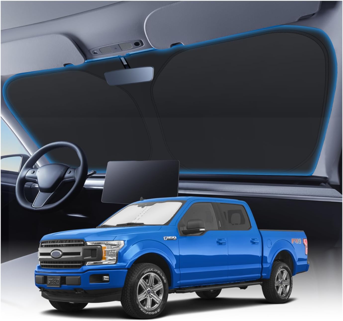 KUST Windshield Sun Shade for 2015-2020 Ford F150 Accessories (Lariat, Raptor, King Ranch) Pickup Truck Custom Fit Window Shade Foldable Sun Visor Protector Blocks UV Rays Keep Your Car Cooler