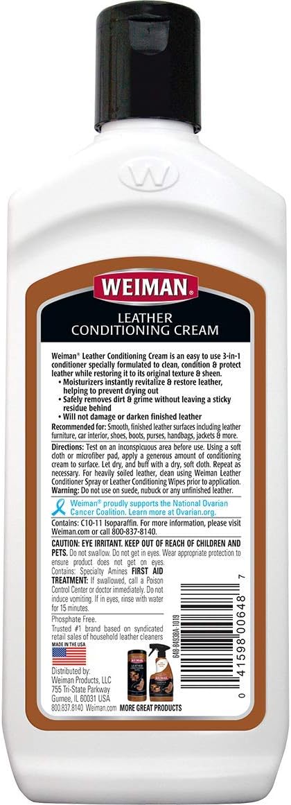 Weiman 3 in 1 Deep Leather Conditioner Cream (Microfiber Cloth) - Restores Leather Surfaces - Use on Leather Furniture, Car Seats, Shoes, Bags, Jackets, Saddles