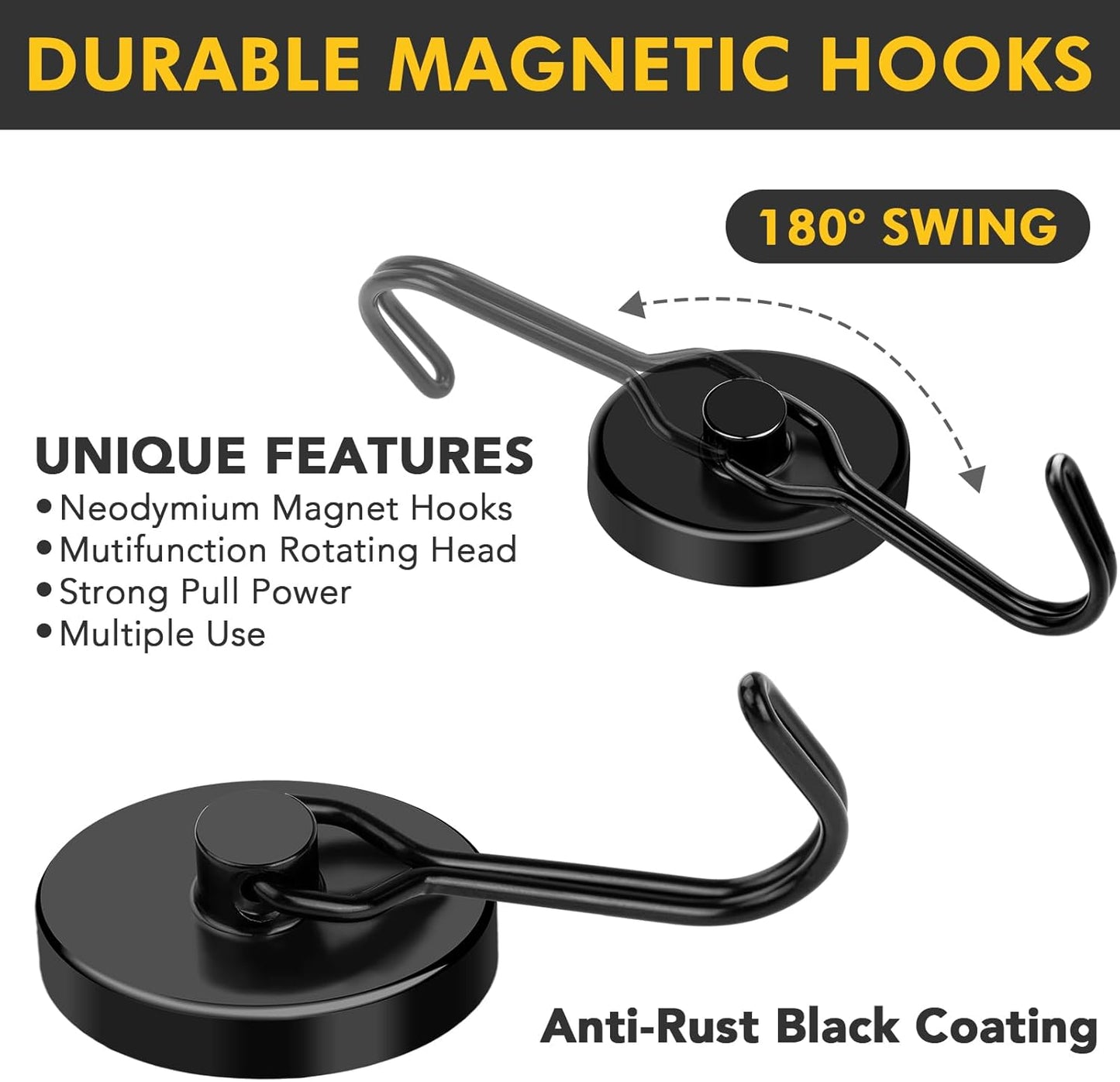 MIKEDE Strong Magnetic Hooks, 110LB Swivel Magnetic Hooks Cruise, Black Neodymium Magnet Hooks Heavy Duty for Hanging, Grill, Cruise Cabins, Refrigerator, Grill, Kitchen, Locker - Pack of 12