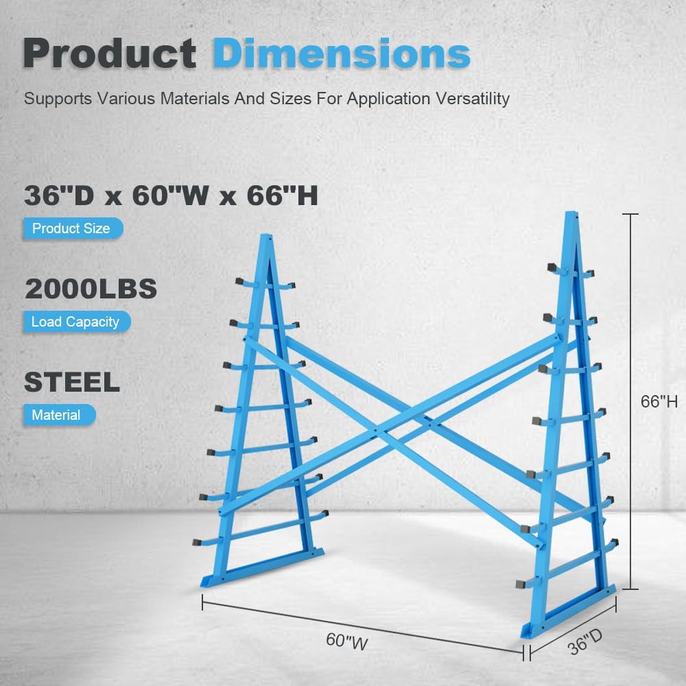 Yeeoy Steel Horizontal Storage Rack, 7 Tier Detachable Lumber Storage Rack, Heavy Duty Adjustable Pipe Rack Lumber Organizer Shelf for Garage Workshop Shed Basement, Blue