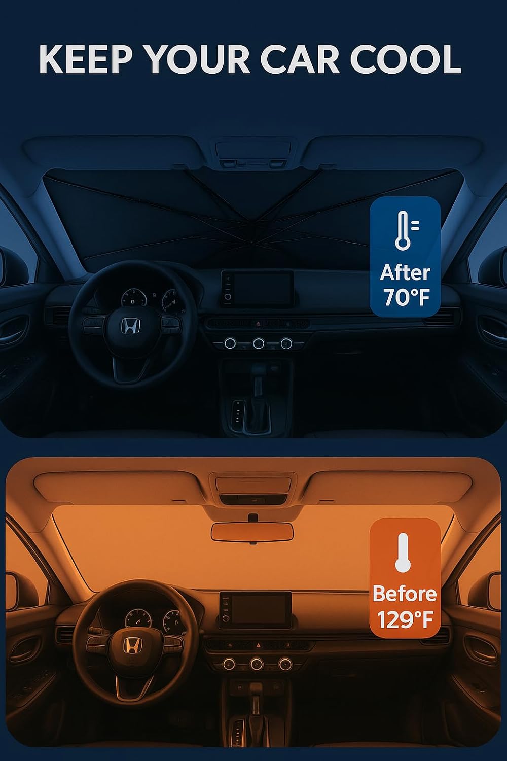 Proadsy Windshield Sun Shade Umbrella for Honda HRV HR-V 2024-2025 Foldable Car Umbrella Sunshade with Soft TPU Handle Spring Structure Crystal Cooling Material Protect Car from Rays & Heat