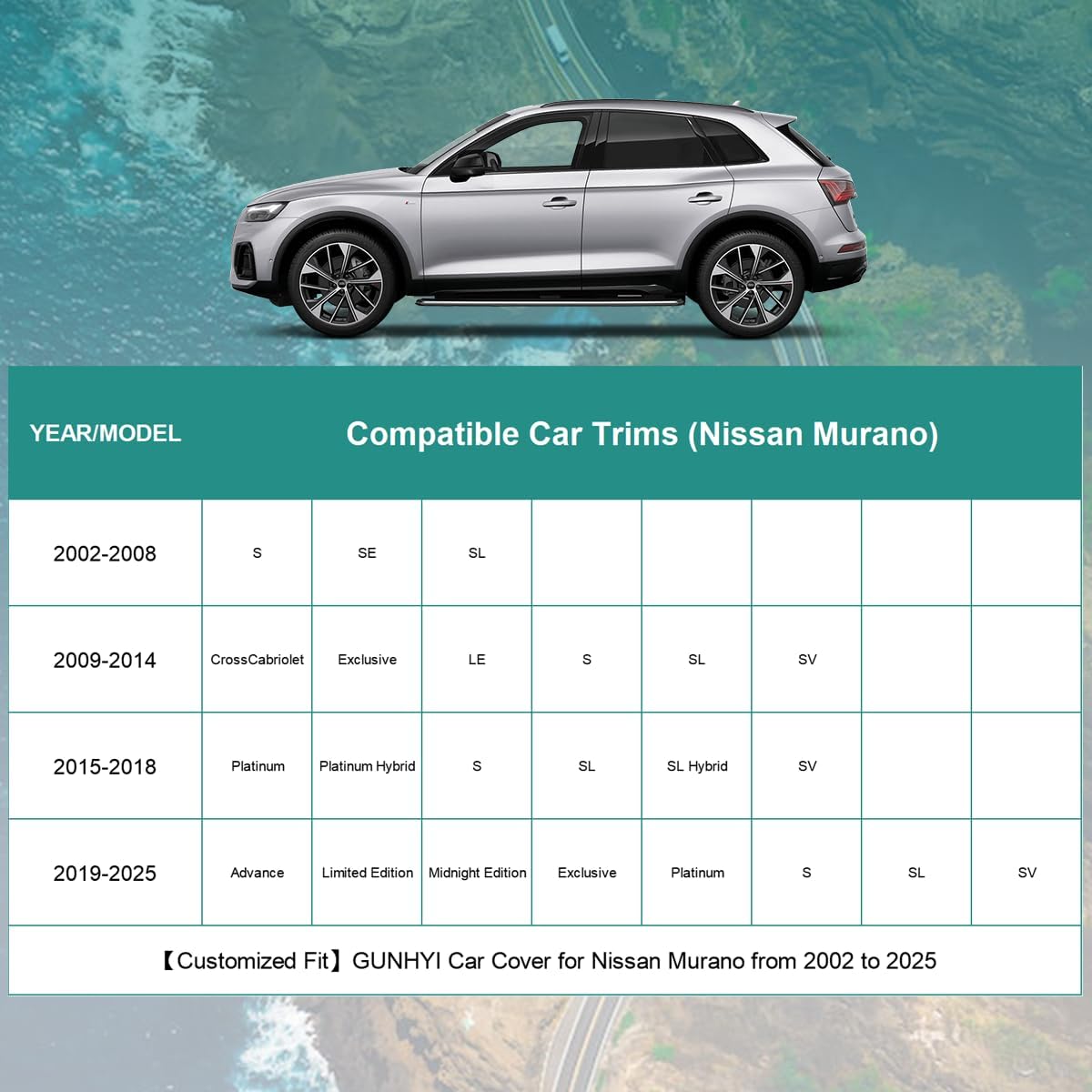 Premium Car Cover Custom Fit Nissan Murano (2002-2025), 16 Layers Heavy Duty Car Cover Waterproof All Weather with Zipper Door for Sun Rain Snow Dust Uv Protection