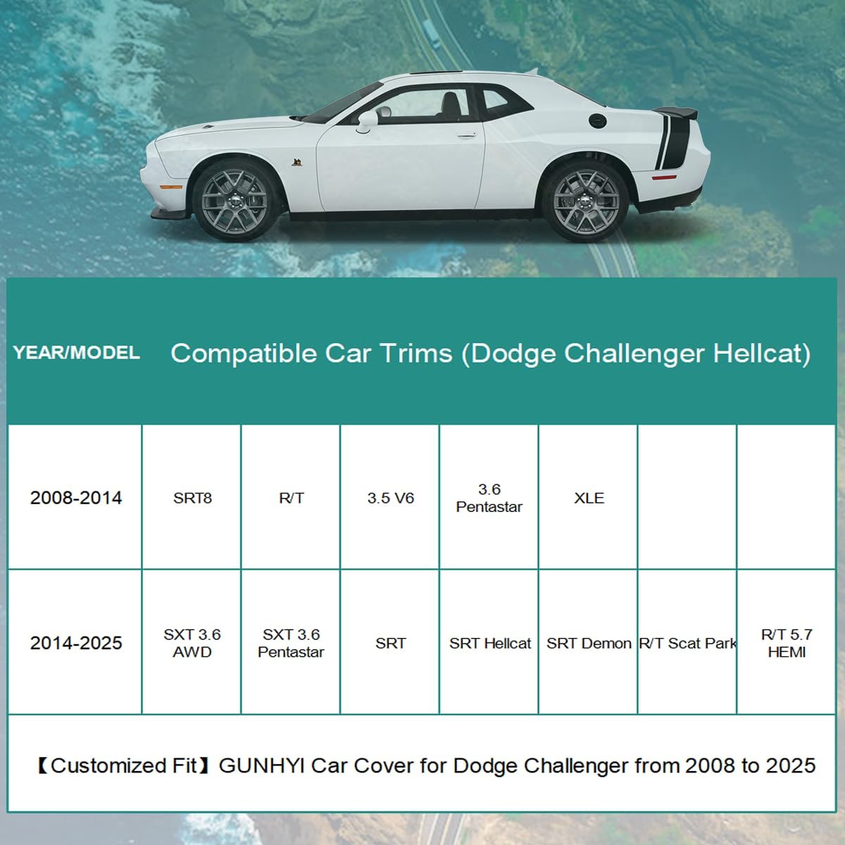 Premium Car Cover Custom Fit Dodge Challenger Hellcat (2008-2025), 16 Layers Heavy Duty Car Cover Waterproof All Weather with Zipper Door for Sun Rain Snow Dust Uv Protection