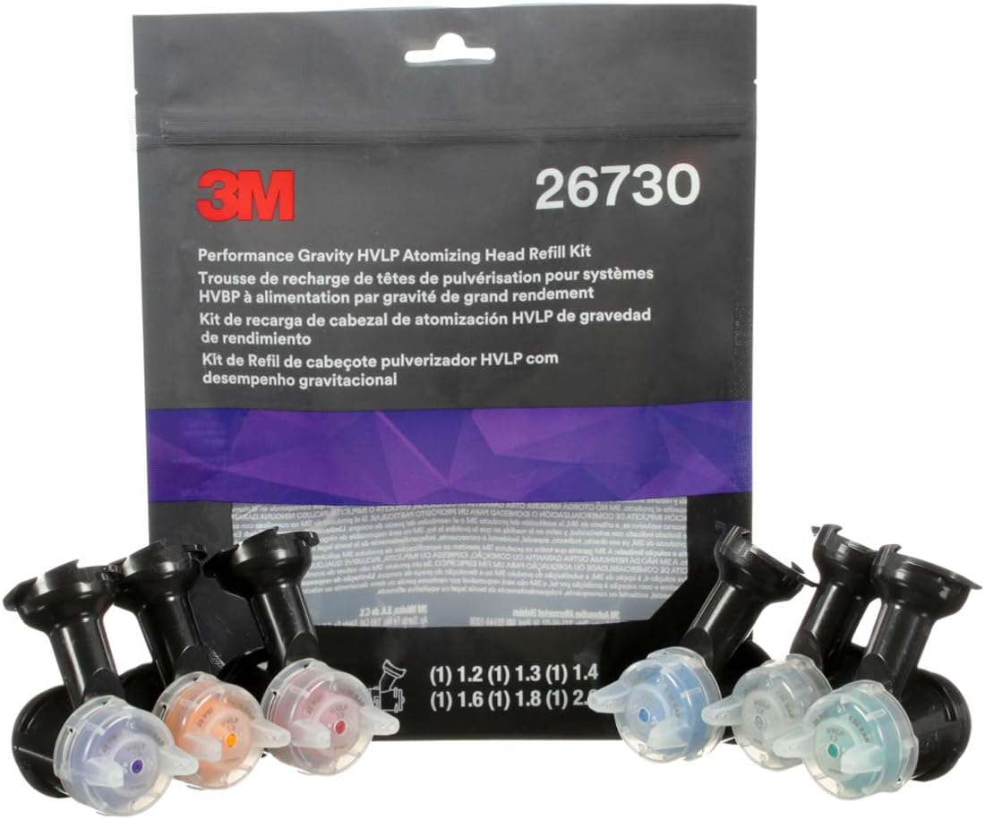3M Performance Gravity HVLP Atomizing Head Variety Kit, 26730, Sizes 1.2, 1.3, 1.4, 1.6, 1.8, 2.0, for use Performance Spray Gun PPS 2.0 Paint Cups, Pack of 6, Black
