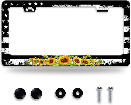 American Flag Sunflower License Plate Frame Patriotic Floral License Plate Frames for Car Decorative Parts Stainless Stee License Plate for Standard Us Canada Funny License Plate Holder 12x6 Inch