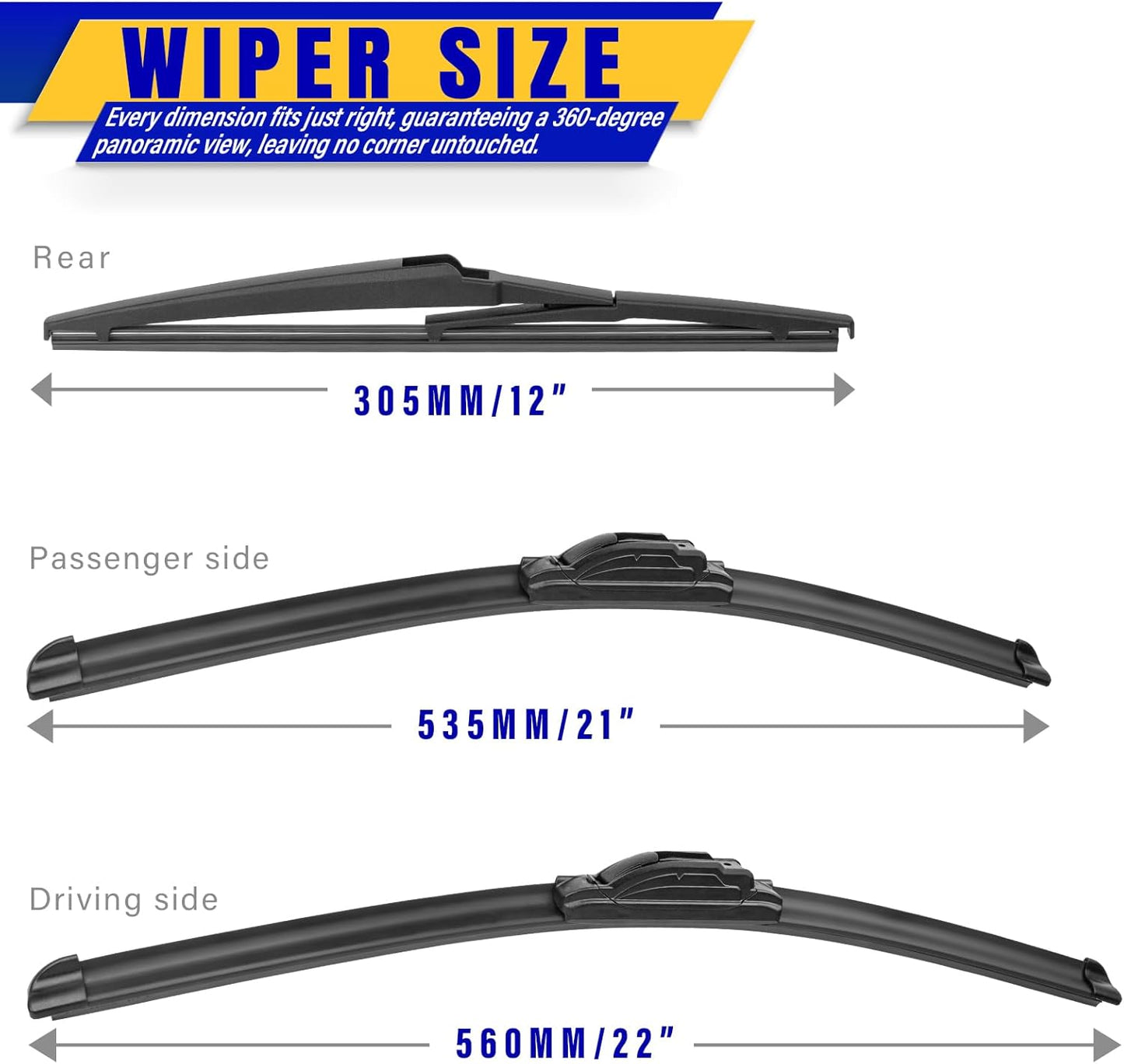 3 wipers Replacement for 2011-2013 Jeep Grand Cherokee/2011-2021 2022 2023 Dodge Durango, Windshield Wiper Blades Original Equipment Replacement - 22"/21"/12" (Set of 3) U/J HOOK