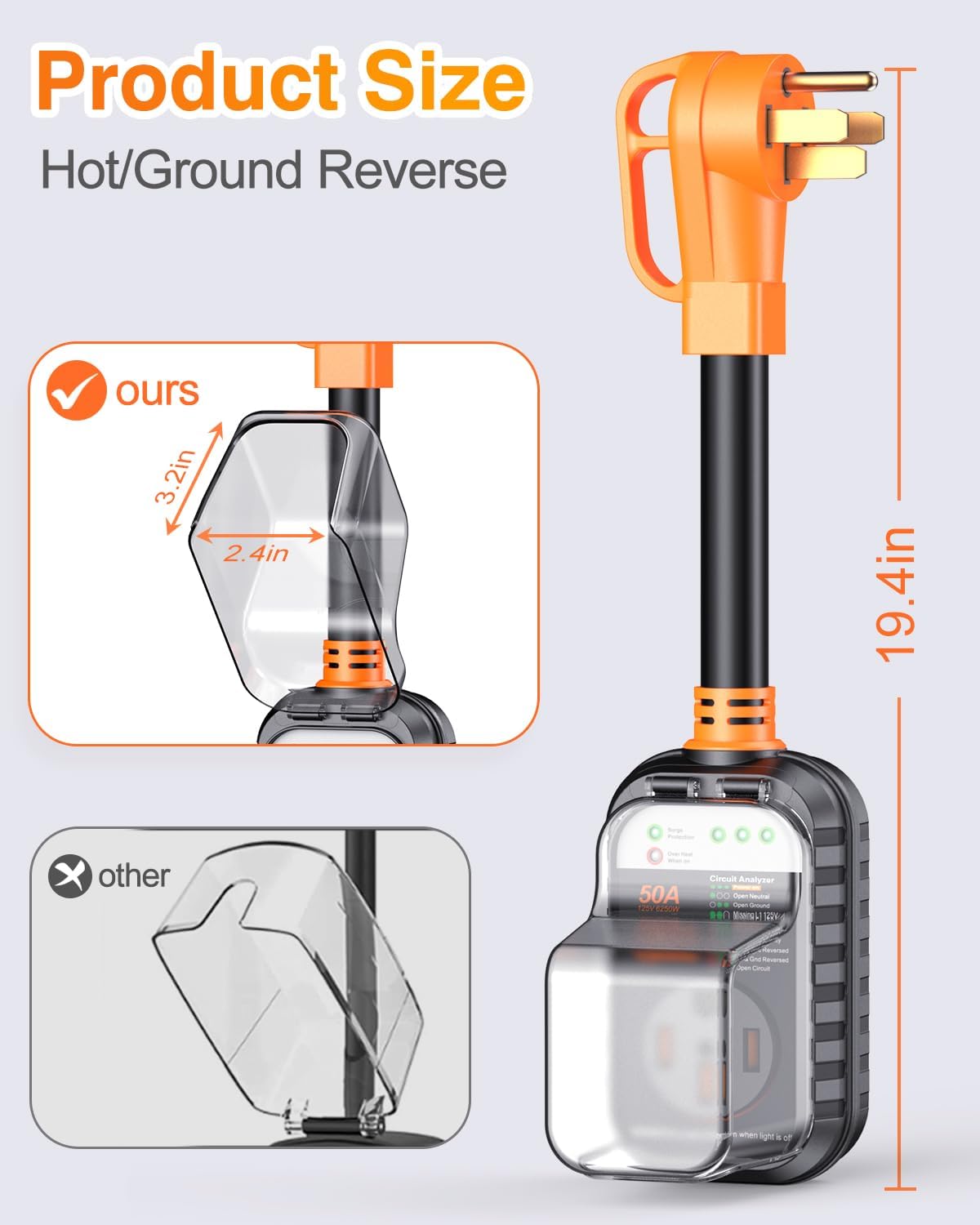 GEARGO RV Surge Protector 50 Amp, Latest 18000J Surge Protection RV Circuit Analyzer, RV Adapter Plug for Camper with Waterpoof Cover, Plug and Play（Orange）