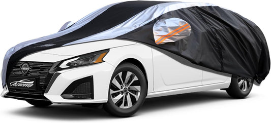 Altima Car Cover Waterproof All Weather with Silver Strip Design, Custom Fit for Altima 2005–2025, Altima Accessory with Door Zipper & Windproof Straps