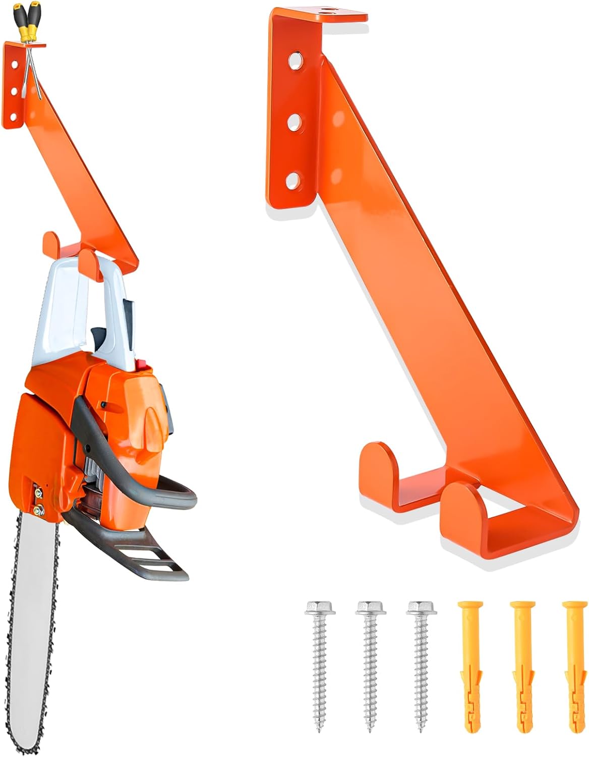 3 in 1 Chainsaw Holder 10" - Heavy Duty Chainsaw Wall Mount, 10 Gauge Steel Chain Saw Hanger for Garage Organization, Hefty Rack Storage Organizer for Chainsaw Accessories and Tools, 180 Lbs Capacity