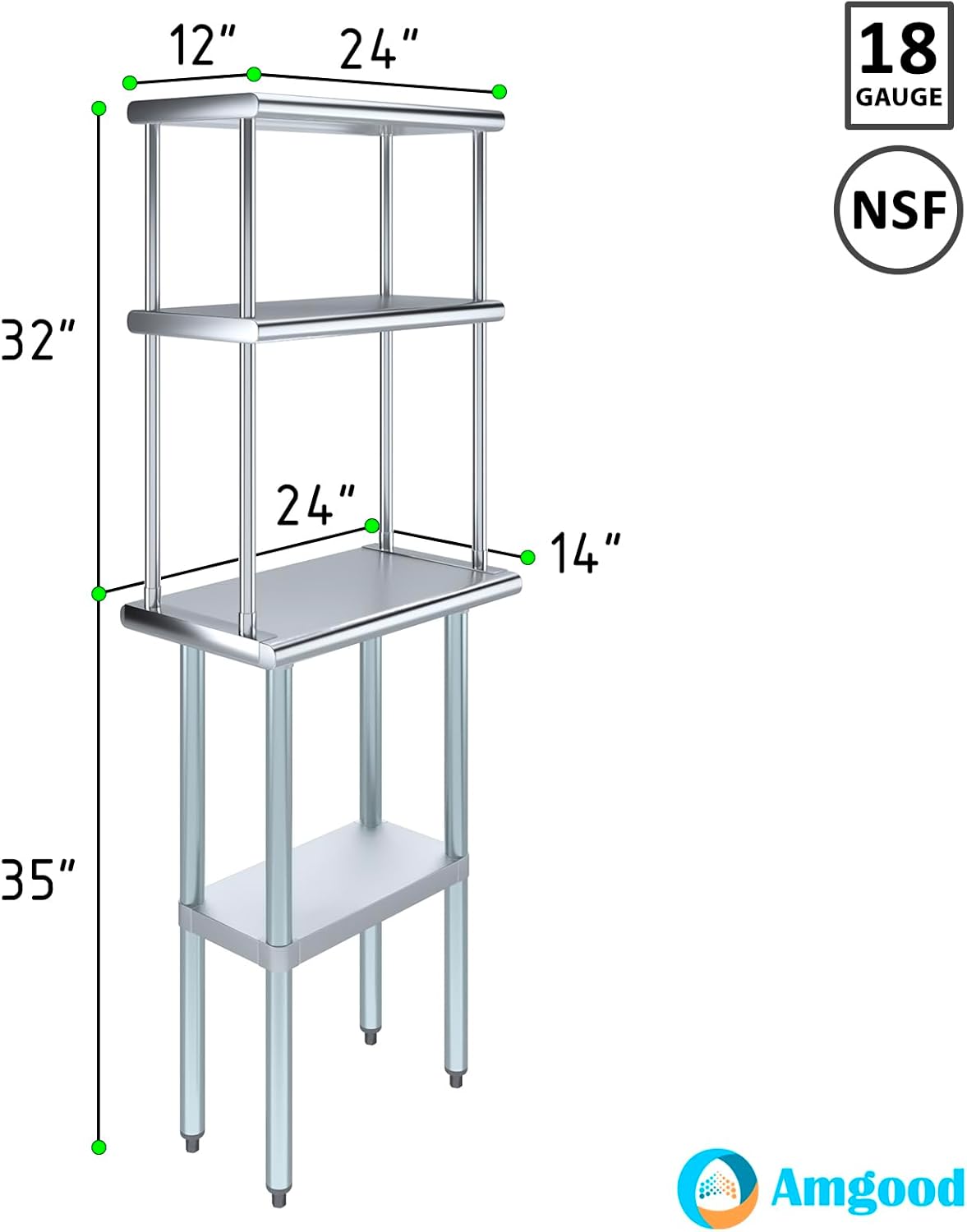 Amgood Stainless Steel Work Table Double Tier Overshelf | NSF (14" x 24" Work Table + 12" Overshelf)