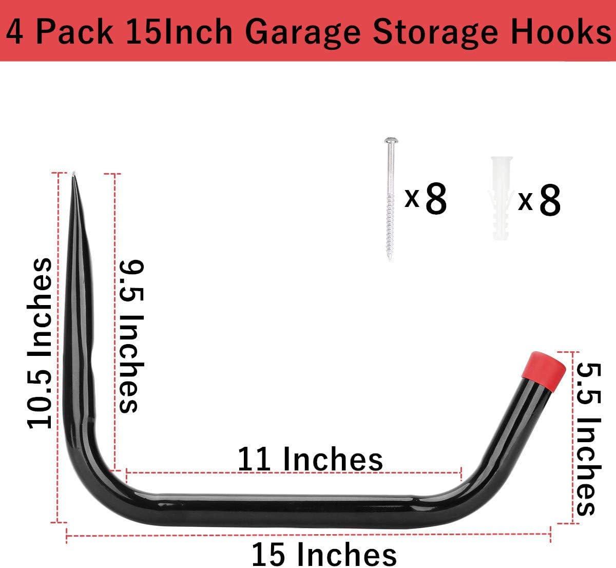 Heavy Duty Garage Storage Hooks,15Inch Jumbo Arm Kayak Wall Hangers 100 LB Capacity, Steel Canoe Rack for Outdoor or Indoor