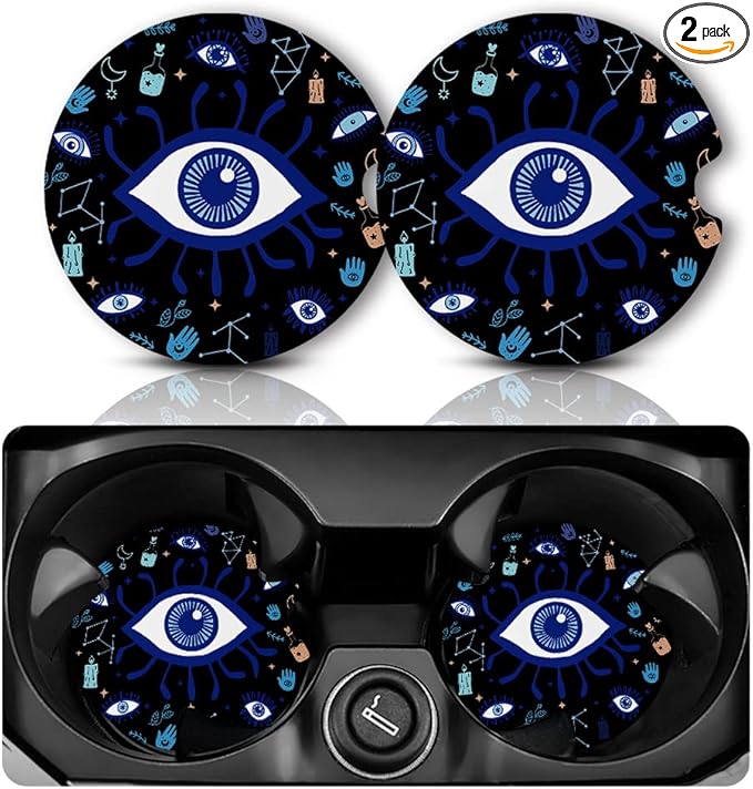 Car Coasters for Cup Holders，2.75" Anti Slip Rubber Mat with A Finger Notch, 2 Pack Car Cup Holder Coasters for Car Interior Accessories for Women Men Evil Eye