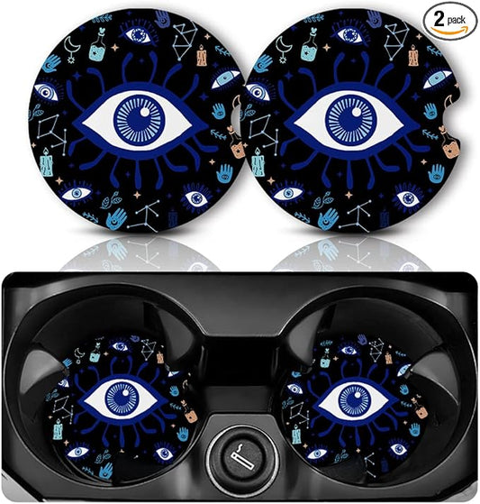 Car Coasters for Cup Holders，2.75" Anti Slip Rubber Mat with A Finger Notch, 2 Pack Car Cup Holder Coasters for Car Interior Accessories for Women Men Evil Eye