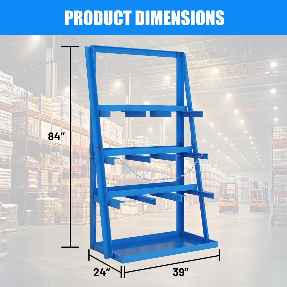 Yeeoy Steel Vertical Bar Rack, Lumber Storage Rack with Safety Chain, Heavy Duty Long Parts Storage Rack, Pipe Organizer Shelf for Garage Workshop Factory, 3000 LB Capacity, Blue