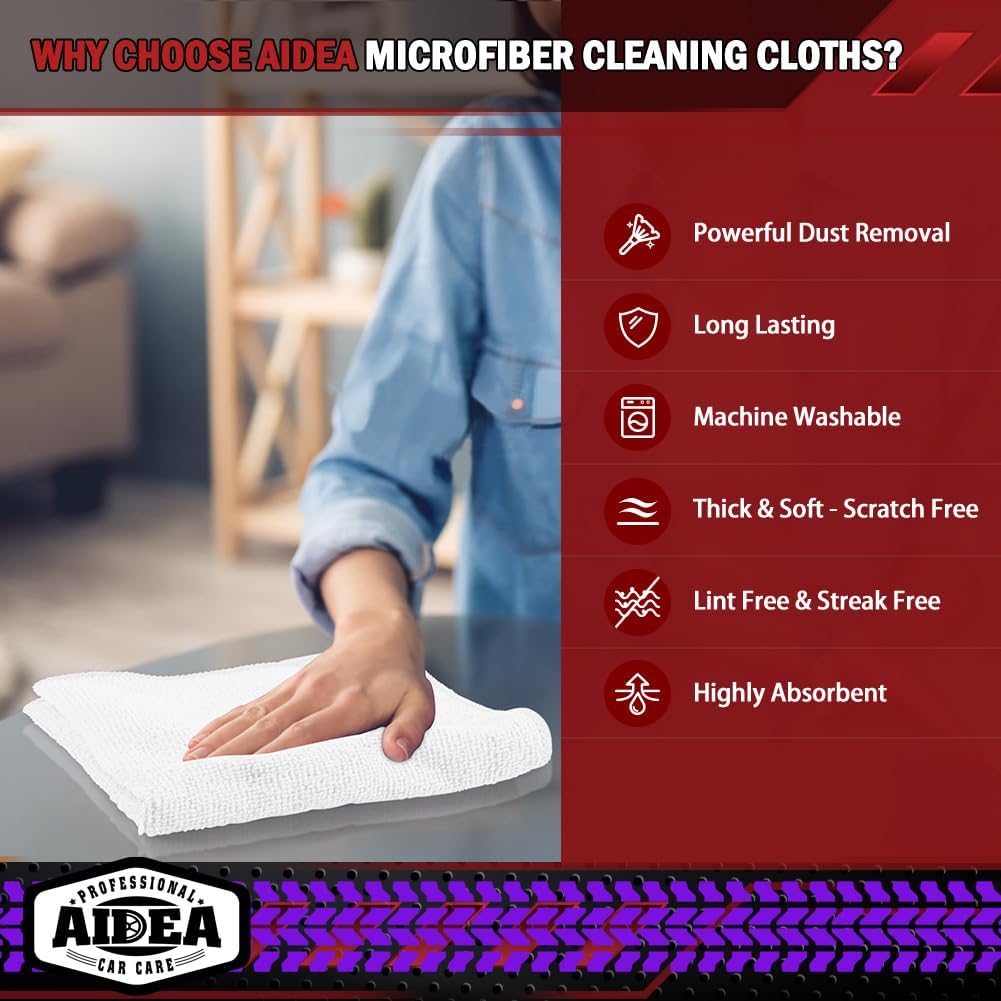 AIDEA Microfiber Cleaning Cloth White 20PK, Microfiber Towels for Cars, Premium Car Cloths, Dusting Cloth Lint Free Cleaning Rags for SUVs, House, Kitchen, Window, Workshops,12×12"