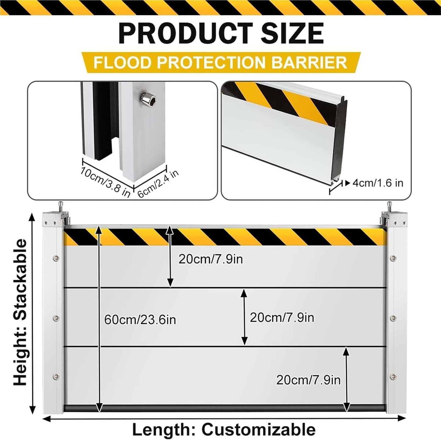 Reusable Heavy Duty Aluminum Flood Barriers for Home Exterior, Flood Protection Barriers Water Barrier Door Quick Detachable Garage Doors Detachable Mobile Rain Water Baffle (H 7.9 inch L 21.5FT)