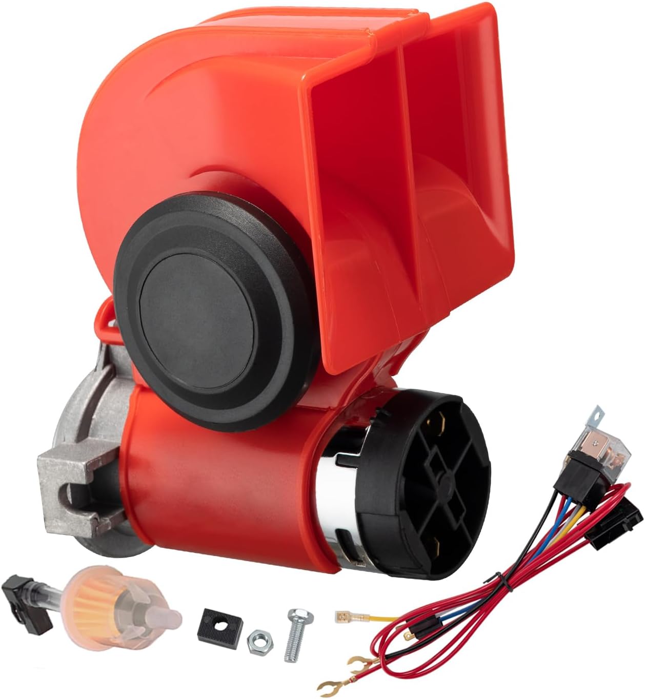 Train Horns kit for trucks,Air Horn for Motorcycle,Train Sound Car Horn Kit 12V Super Loud Electric Bull Horn(red horn with wire, 12v)