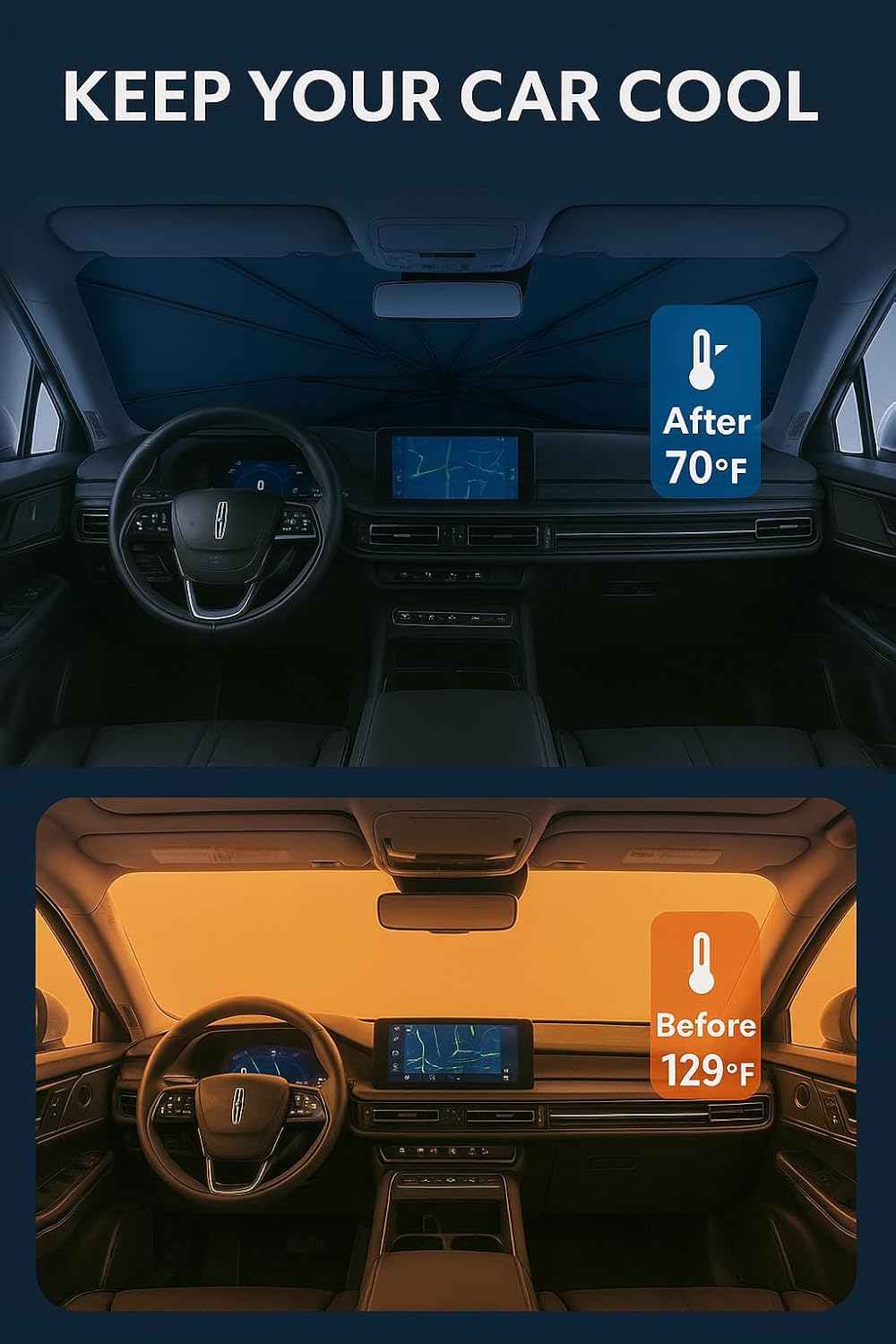 Proadsy Windshield Sun Shade Umbrella for Lincoln Aviator 2020-2025 Foldable Car Umbrella Sunshade with Soft TPU Handle Spring Structure Crystal Cooling Material Protect Car from Rays & Heat