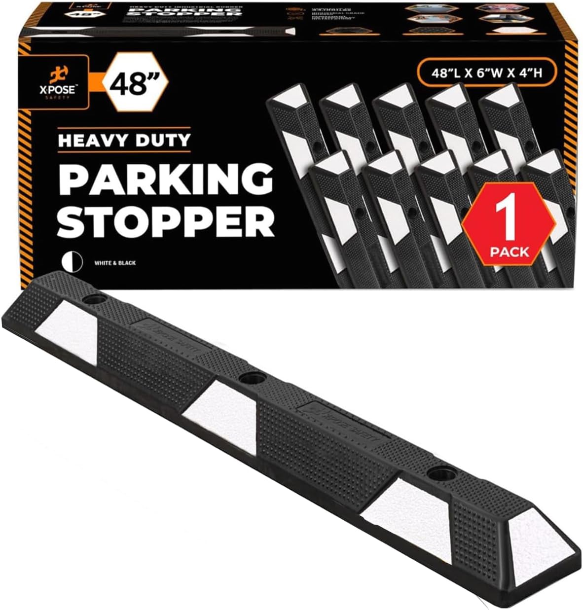Xpose Safety 48" Heavy Duty Rubber Parking Stopper – 1 Pack Wheel Blocks for Garage, Driveway, or Ramp – Car Bumper Stop with White Reflective Strips – Removable Floor Mount