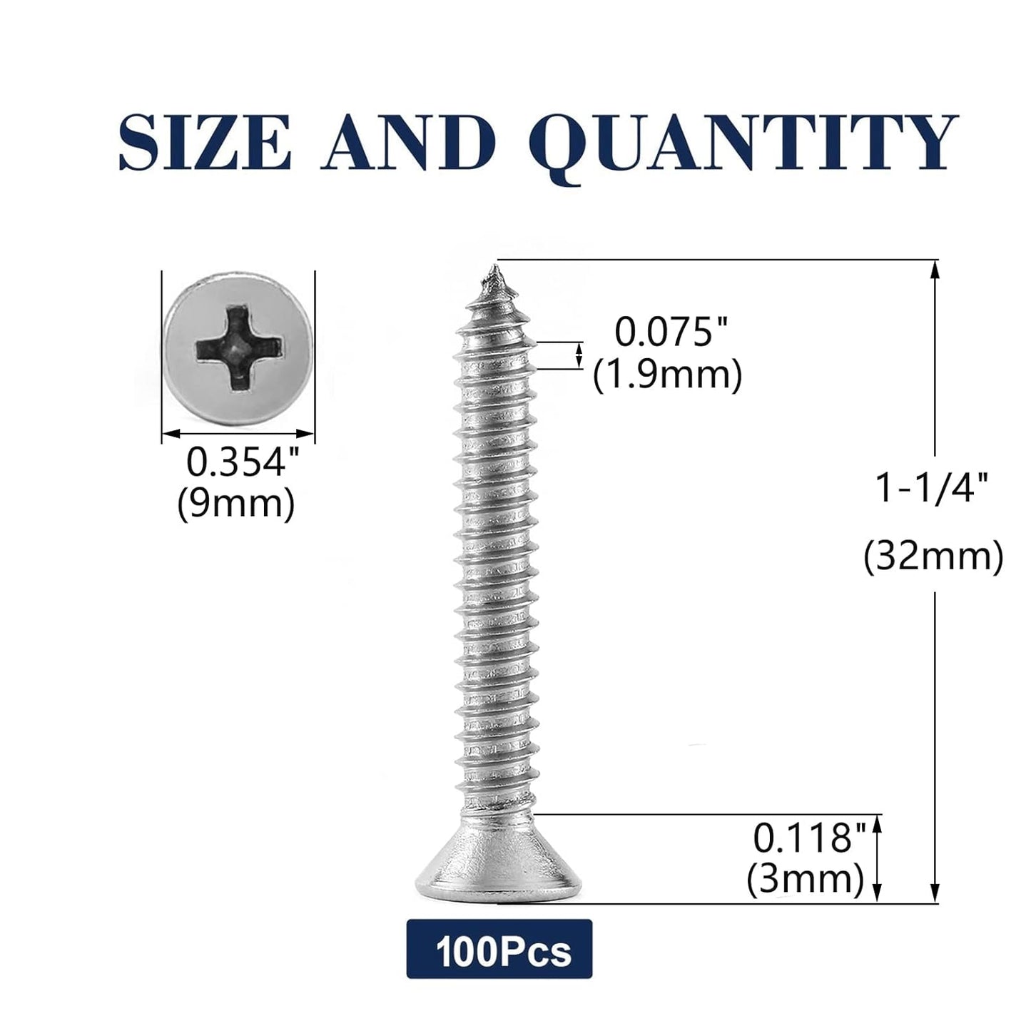 #10 x 1-1/4" Wood Screw 100Pcs 18-8 (304) Stainless Steel Screws Flat Head Phillips Fast Self Tapping Drywall Screws by SG TZH