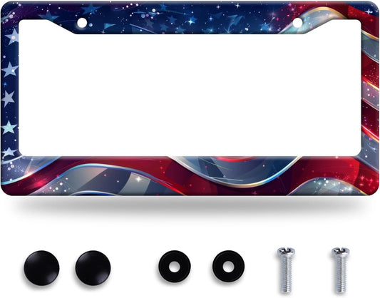 Patriotic American Flag License Plate Frame USA Flag License Plate Stainless Steel Funny License Plate Holder America Car Accessories With Screws Car Decoration 12.3" x 6.3"Fits Standard Vehicles Size