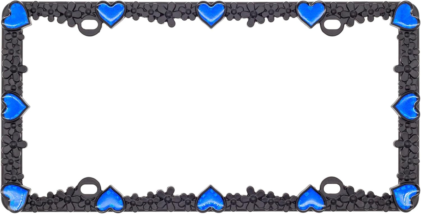 Creathome 3D Daisy Heart License Plate Frame from Pure Zinc Alloy Metal Perfect Plate Holder, Matt Black Daisy with Blue Reflective Heart