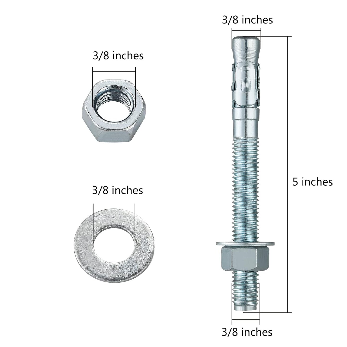 3/8x5" 10Pcs Inch Standard Fasteners for Heavy-Duty Zinc Wedge Anchors for Cement and Concrete