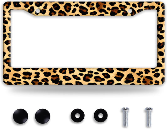 Cheetah Brown Leopard License Plate Frame Animals Print License Plate Frames Funny Auto Accessories Stainless Steel License Plate Holder 6x12 Inch