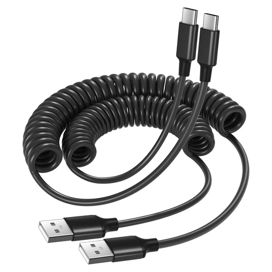 USB to USB C Cable Coiled Car Charger, C Charger Fast Charging Cord 3ft for Carplay 60W 3A Retractable Auto USB A to USB C for iPhone 16 15 Galaxy S25 Ultra S24 FE A15 A54 A35 A16, 2Pack
