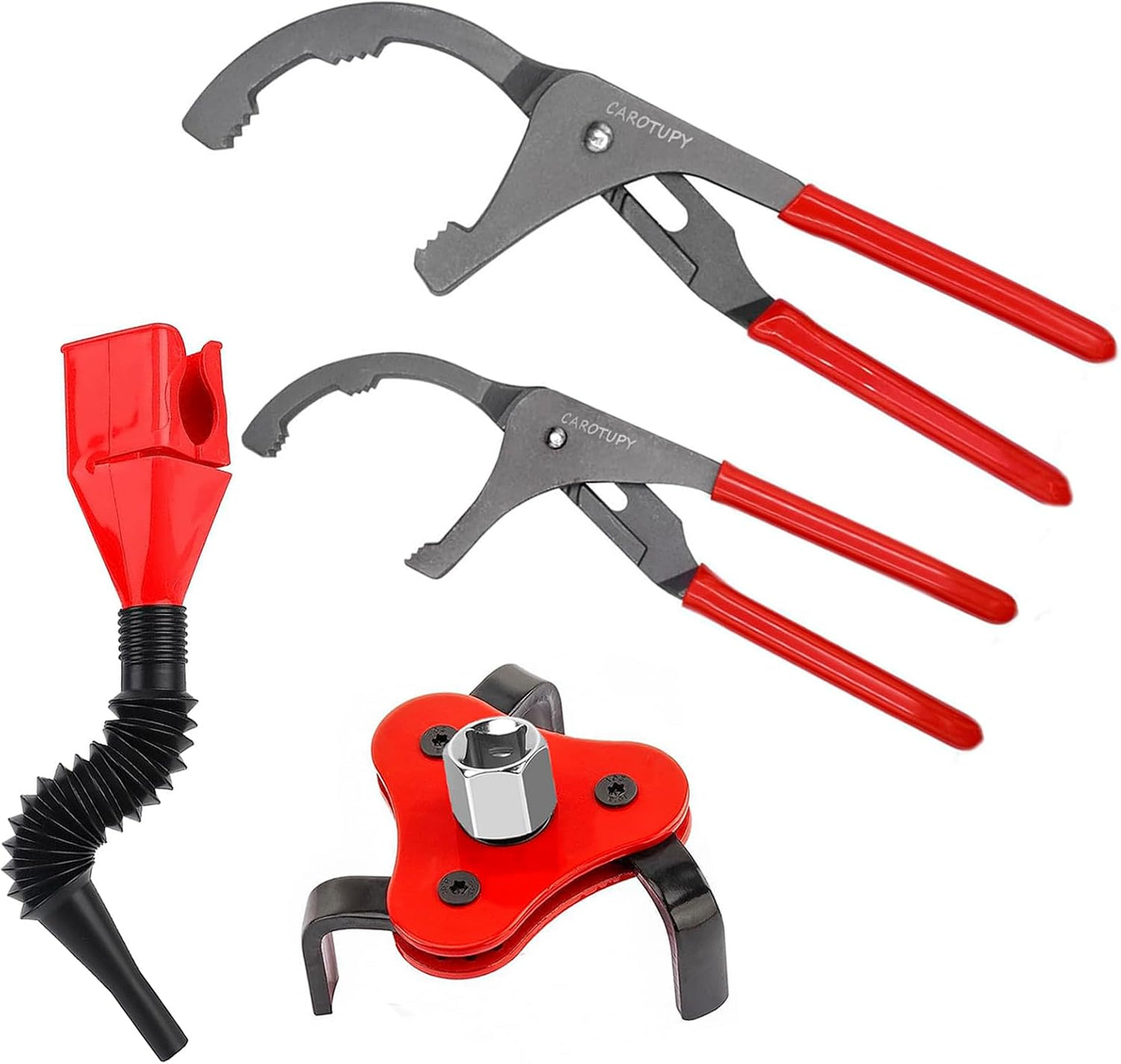 4Pcs Oil Filter Pliers Set, 3 Jaw Oil Filter Wrench With Oil Snap Funnel, 9" and 12" Oil Filter Pliers Adjustable From 1-3/4"-6"