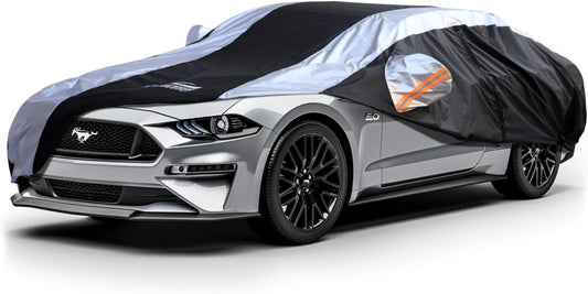 Mustang Car Cover Waterproof All Weather with Silver Strip Design, Custom Fit for Ford Mustang 1994–2025, Mustang Accessory with Door Zipper & Windproof Straps