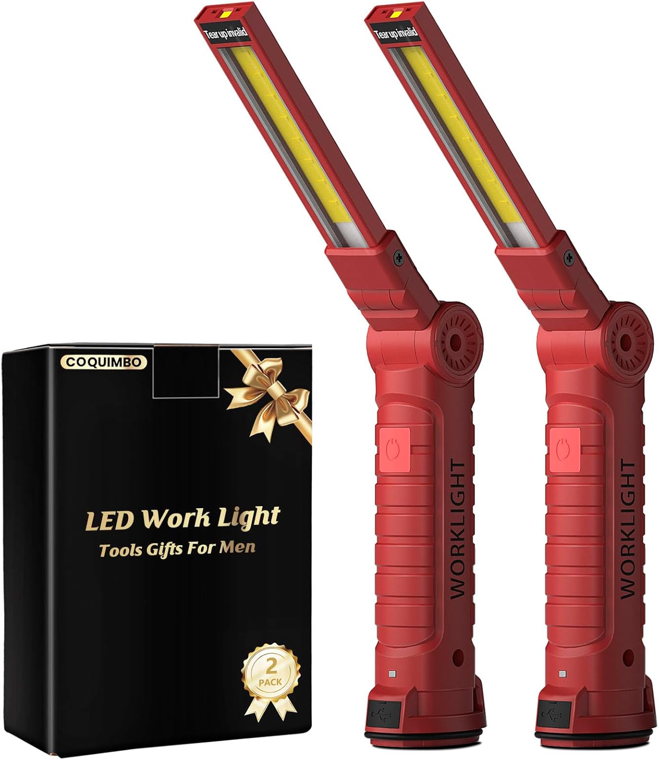 Coquimbo Tools Gifts for Men Dad Husband, Rechargeable LED Work Light Grill Light Magnetic Flashlight with Hanging Hook 5 Modes 360° Rotate Birthday Gifts for Him Grandpa (2 Pack Red)