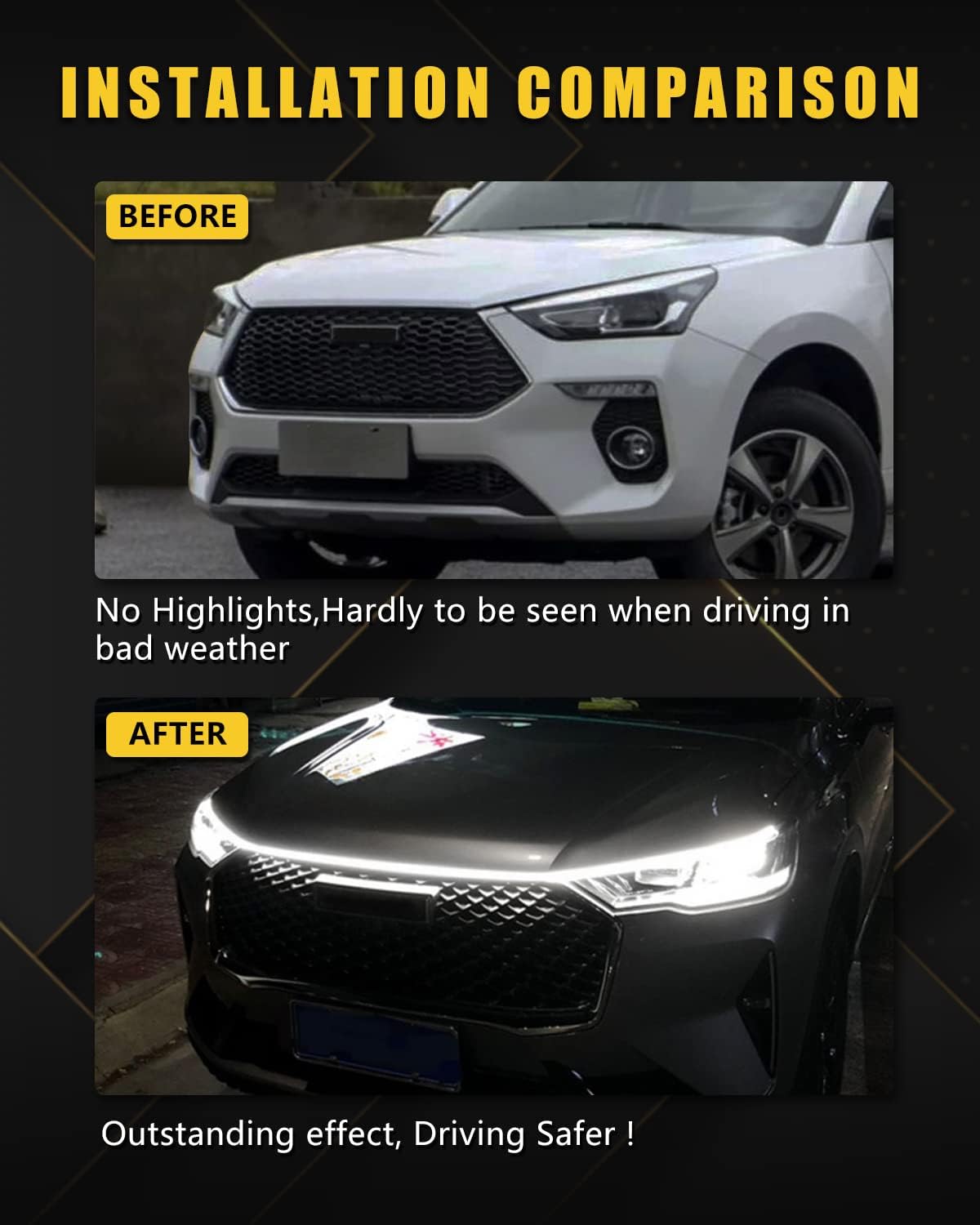 YM E-Bright Led Hood Light Strip Exterior Led Strip Lights for Cars Waterproof Flexible DRL Dynamic Scan Start Up Hoodbeam Kit Daytime Running Light for Car,Truck,SUV,12V 70inch White,1 Set