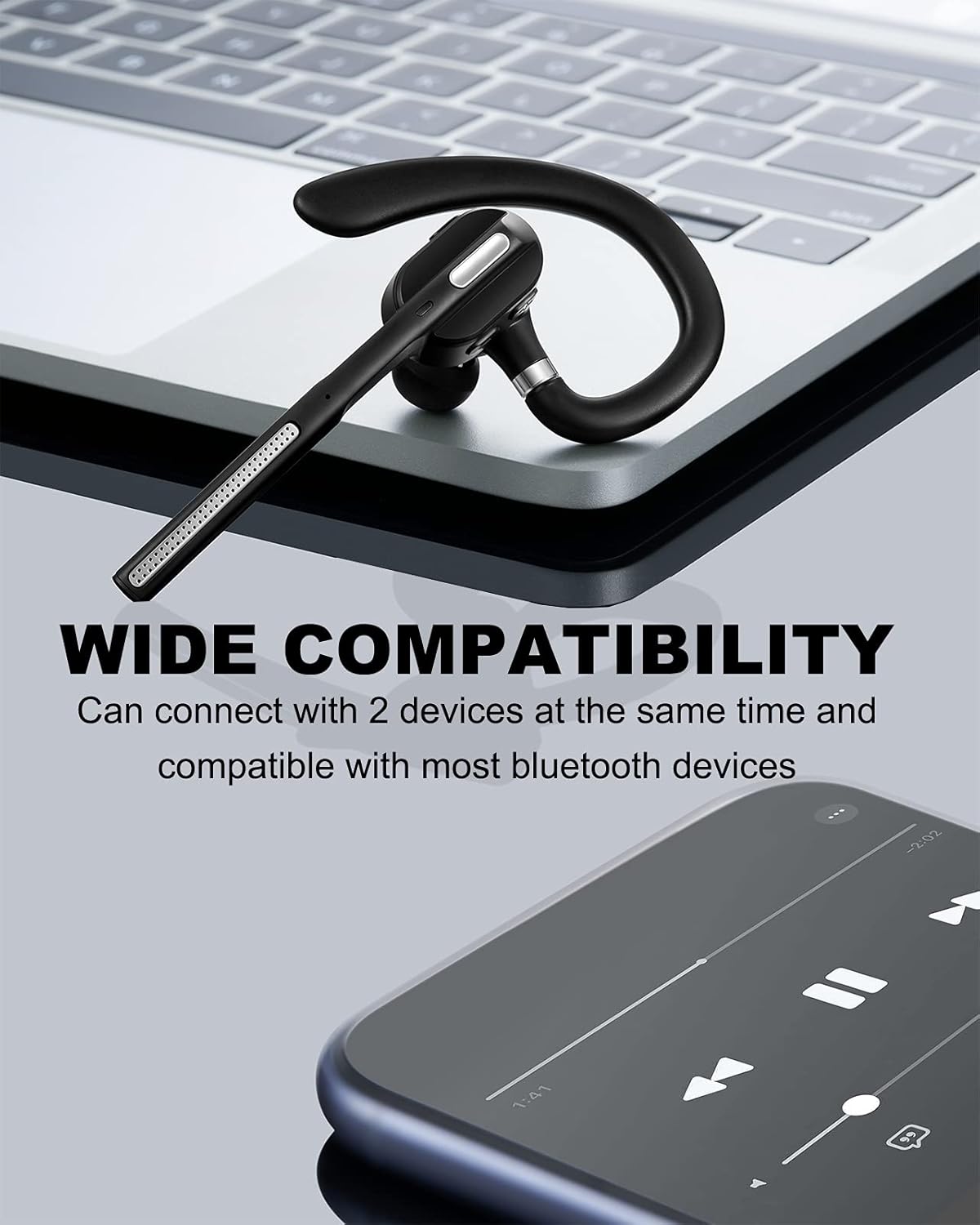 Bluetooth Headset V5.1, Wireless Headset with Battery Display Charging Case, Bluetooth Earpiece with Noise Canceling Mic for Driving, Office, Business, Compatible with Cell Phone and PC