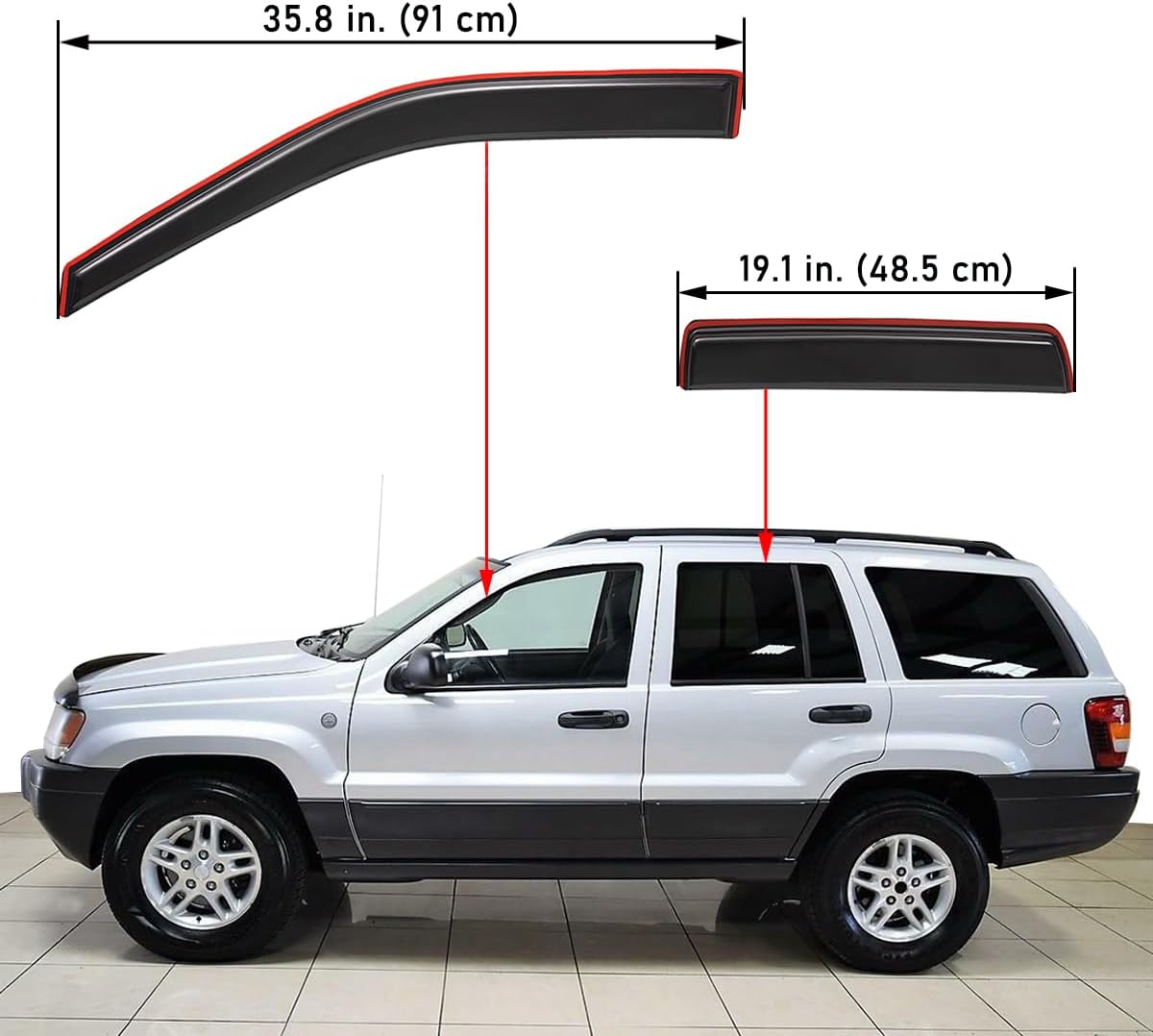 Lightronic Extra Durable Clip-on in-Channel Auto Vent Window Visor, Fits 1999-2004 Jeep Grand Cherokee, UV Protection Rain Guard, Original Wind Deflector, No-Drill Easy Install, Dark Smoke, 4-Pcs