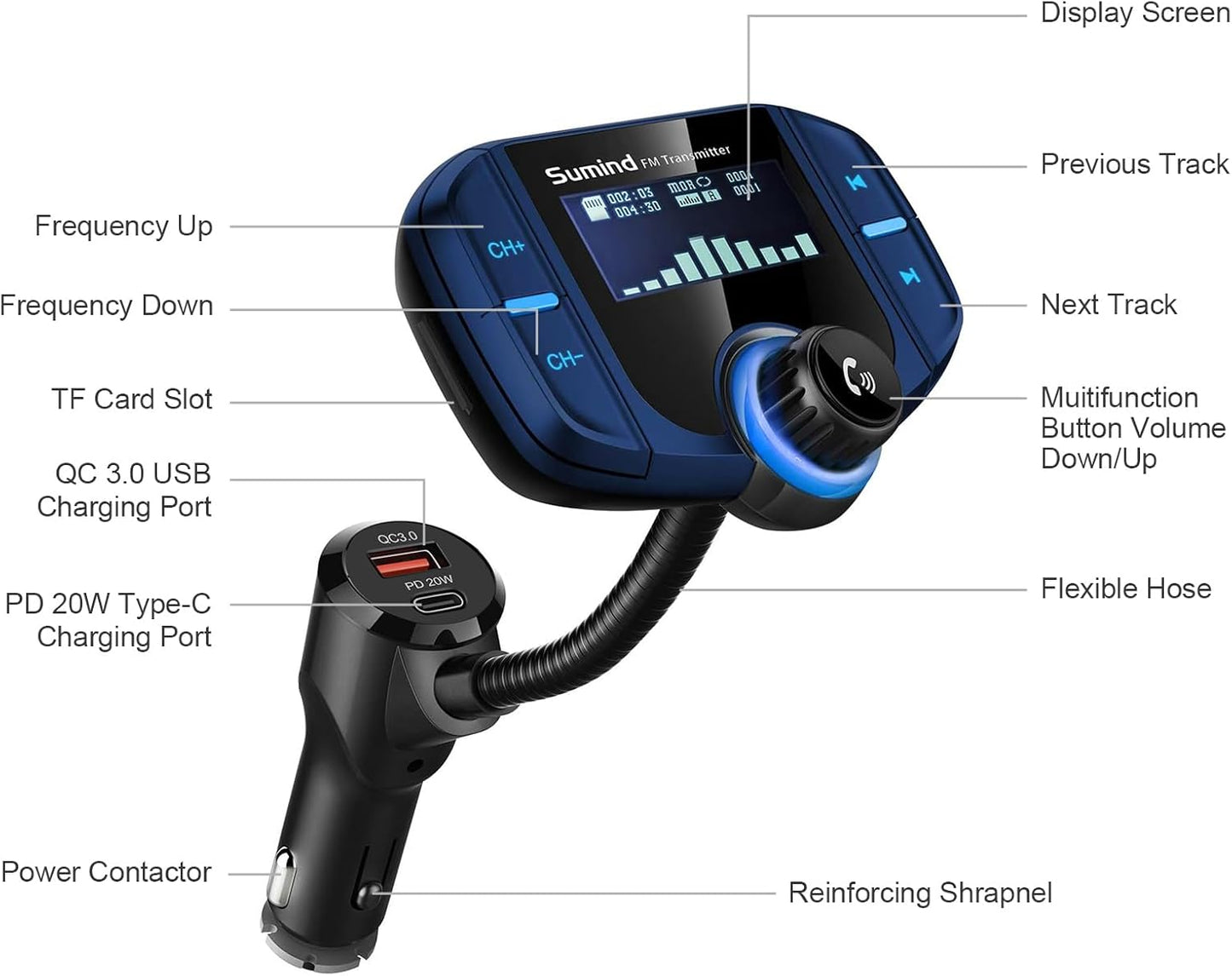 Upgraded Bluetooth FM Transmitter, Wireless Radio Adapter Hands Free Car Kit with 1.7'' Display, QC3.0 and Smart 2.4Amp Dual USB Ports, AUX Input/Output, TF Card Mp3 Player (PD, Blue)