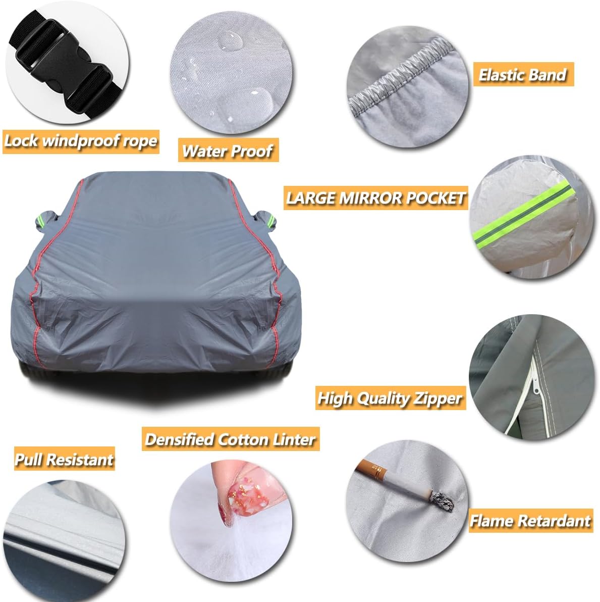 AUQDD 6-Layers PEVA New Material Sedan SUV Full Padded Car Cover Waterproof All Weather Weatherproof UV Sun Protection Snow Dust Storm Resistant Outdoor Exterior Custom Form-Fit Straps 178"-189" Grey