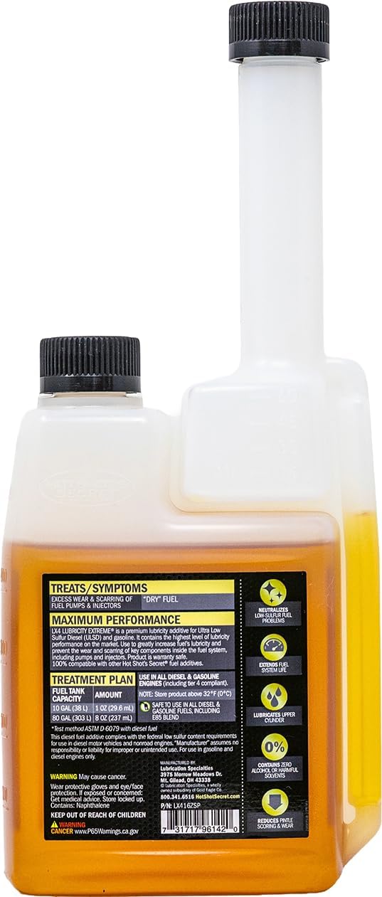 Hot Shot's Secret LX4 Lubricity Extreme– 16oz - Fuel System Protection– Lubricates and Protects Fuel Pump and Injectors– Prevents Wear and Damage – For Gasoline or Diesel Engines, Packaging May Vary